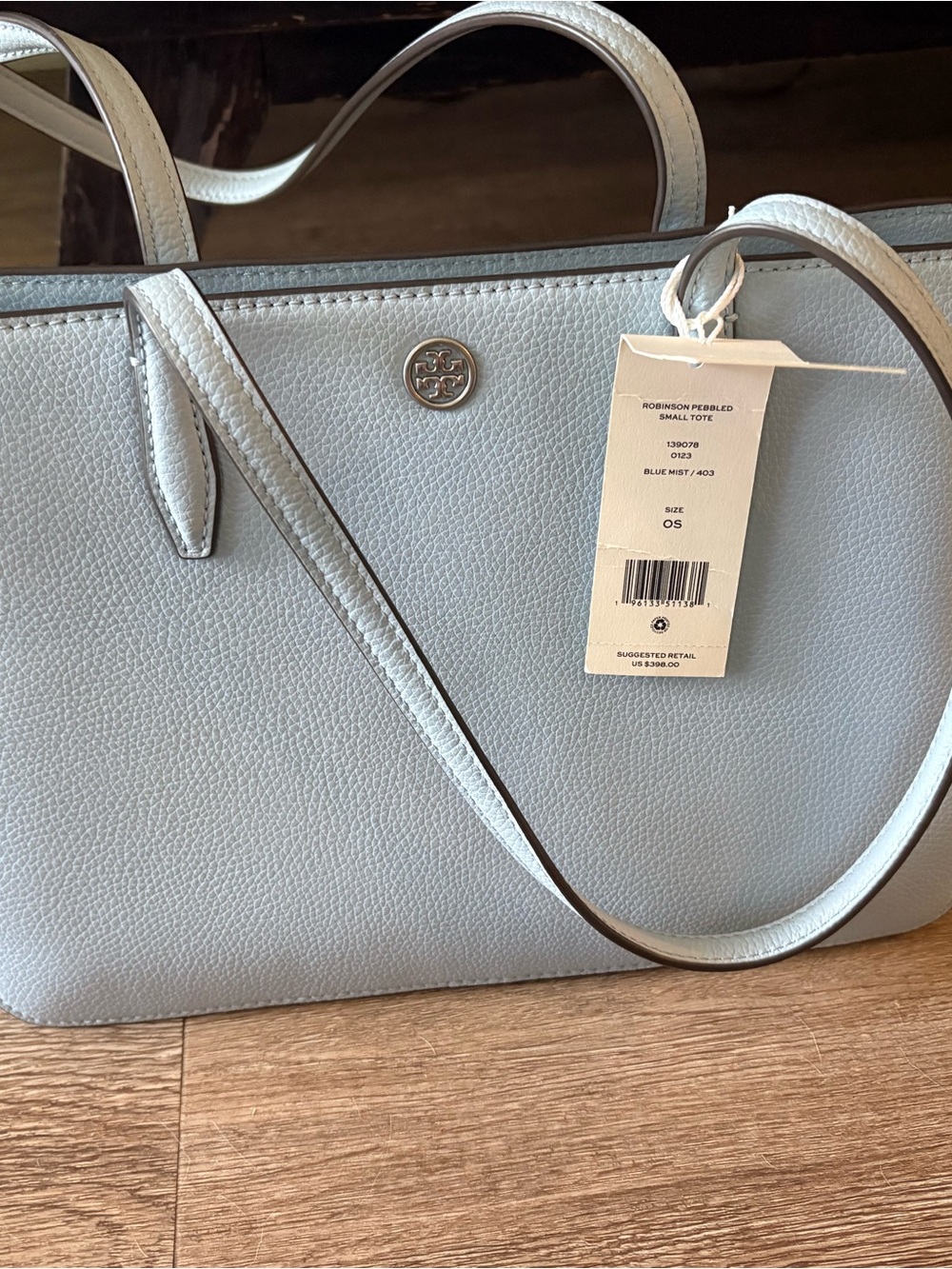 Tory Burch Light Blue Mist Pebbled Leather Tote